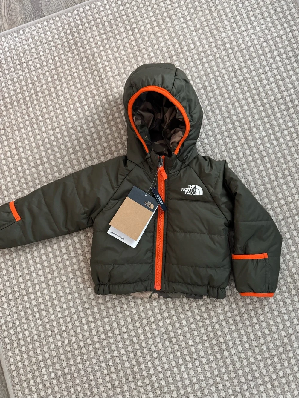The North Face Olive Green/camo reversible Puffer Jacket with Orange Accents